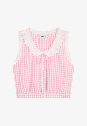 Bezrekawnikowa różowo-biała bluzka w kratkę z białą koronkową falbaną na kołnierzyku i rękawach, z przodu guziki i małą kokardką przy szyi.
