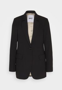 Svart blazer med strukturerte revers, enkelt frontknapp, to utvendige lommer og beige fôr. Glatt stoff med skreddersydd passform.
