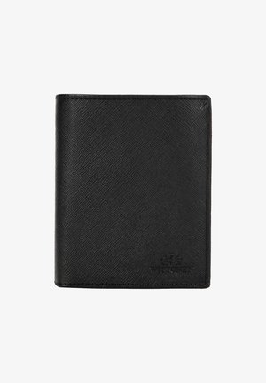 Black leather wallet with a textured surface, bi-fold design, and embossed logo. Features multiple card slots and a smooth interior.