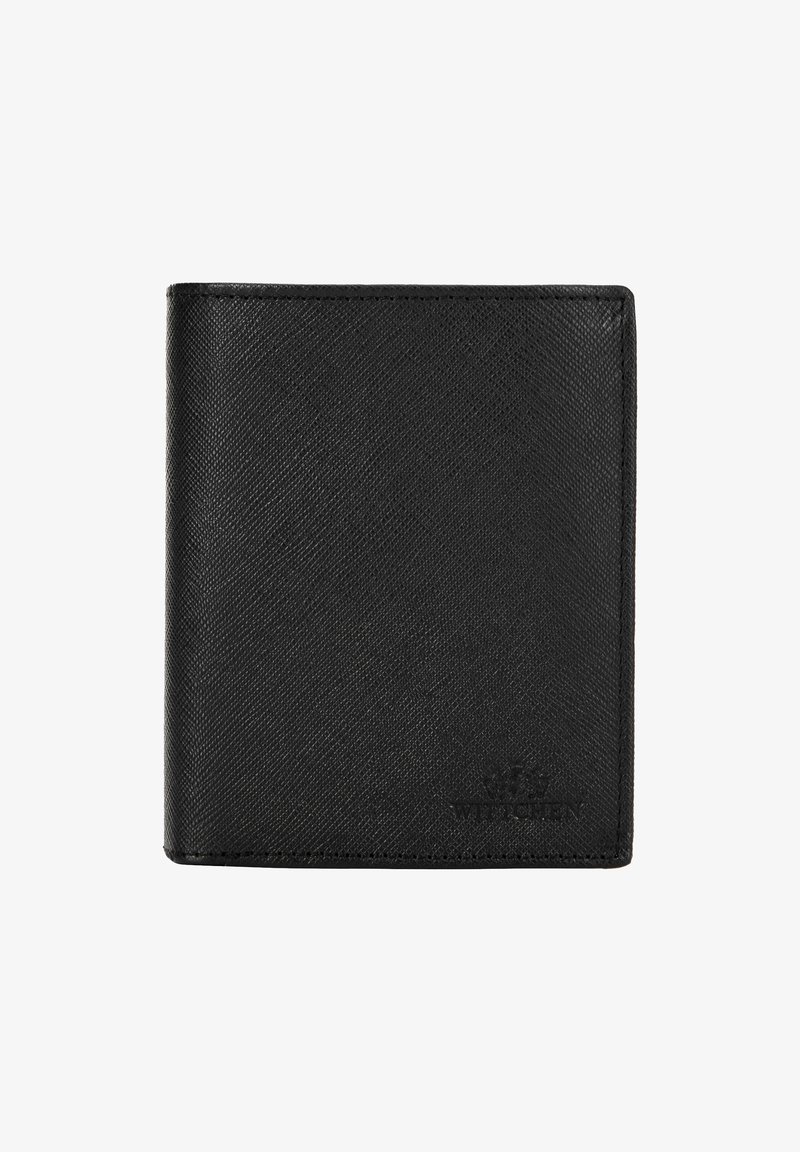 Černá kožená peněženka s texturovaným povrchem, designem na dvě části a vyraženým logem. Obsahuje několik přihrádek na karty a hladký interiér.