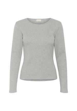 Šedé tričko s dlouhým rukávem vyrobené z měkké bavlny. Má kulatý výstřih a štíhlý střih s hladkým, texturovaným povrchem.