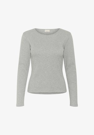 Szürke, hosszú ujjú póló, puha pamutból készült. Kerek nyakú és karcsúsított szabású, sima, textúrált felülettel rendelkezik.