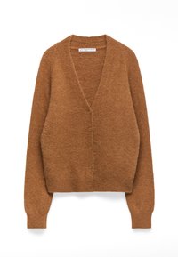 Cardigan lungo a maniche lunghe, marrone e morbido, con scollatura a V profonda, chiusura con bottoni frontale e polsini a costine. Tessuto morbido e aspetto accogliente.