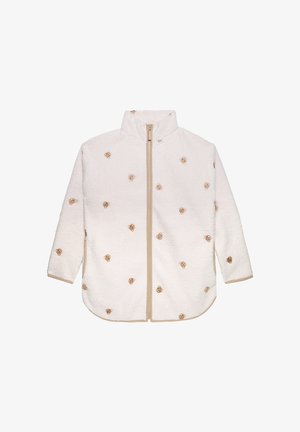 Cream fleece jacket with full front zipper and scattered small brown teddy bear faces pattern, long sleeves, and high collar.