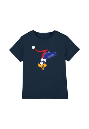 Navy blue T-shirt featuring a cartoon bird with a red and white hat. The bird has yellow beak and blue wings, with a playful expression.