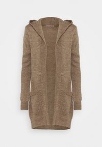 Dlouhý kardigan s otevřeným předním dílem v teplém hnědém odstínu. Vyroben z texturované pleteniny s žebrovanými detaily, má kapuci a dvě přední kapsy.