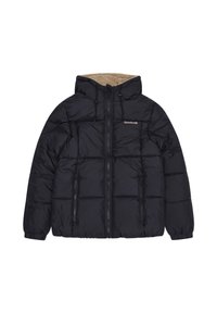 Czarna kurtka puchowa z kapturem, z miękkim beżowym podszyciem, zamkiem błyskawicznym i dwoma przednimi kieszeniami. Logo na piersi. Miękka tekstura.