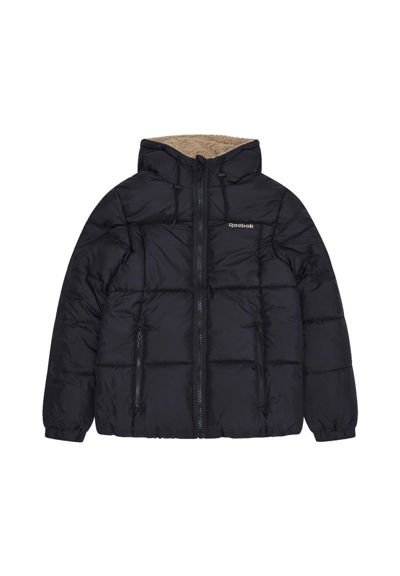 Czarna kurtka puchowa z kapturem, z miękkim beżowym podszyciem, zamkiem błyskawicznym i dwoma przednimi kieszeniami. Logo na piersi. Miękka tekstura.