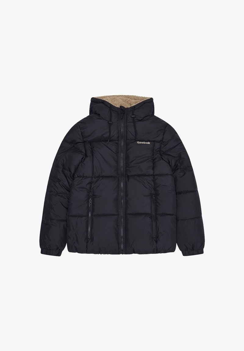 Czarna kurtka puchowa z kapturem, z miękkim beżowym podszyciem, zamkiem błyskawicznym i dwoma przednimi kieszeniami. Logo na piersi. Miękka tekstura.