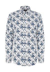 Biała koszula z długim rękawem w niebieski kwiatowy wzór, z kołnierzykiem zapinanym na guziki i zaokrąglonym dołem. Wykonana z lekkiego materiału o gładkiej fakturze.