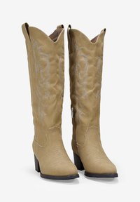 Botas de cowboy marrones con un patrón de bordado en forma de espiral, punta afilada y un tacón cuadrado de 5 centímetros. Cuentan con una cremallera en el lado interno.