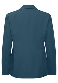 Tyrkysový upravený blazer s klopovým límcem, dlouhými rukávy a hladkou texturou. Má jednoduchý design zadní části a žádné viditelné zapínání.