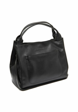 Sac à main en cuir noir avec doubles poignées, poche plaquée à l'avant et forme rectangulaire sur fond blanc.