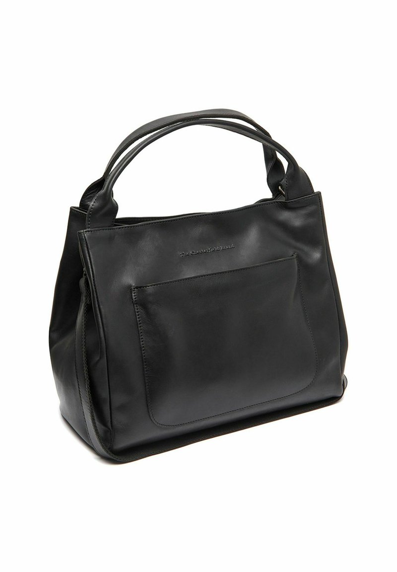 Schwarze Ledertasche mit doppelten Griffen, vorderer aufgesetzter Tasche und rechteckiger Form auf einem weißen Hintergrund.