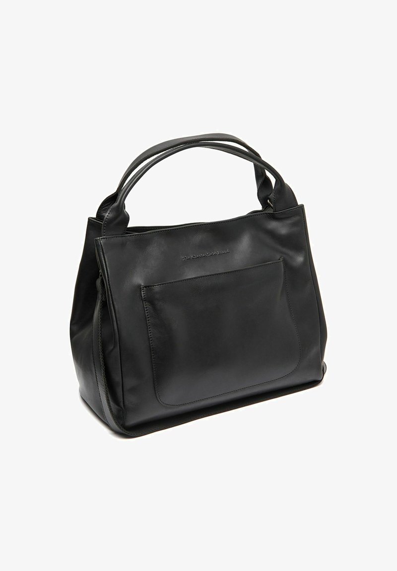 Schwarze Ledertasche mit doppelten Griffen, vorderer aufgesetzter Tasche und rechteckiger Form auf einem weißen Hintergrund.