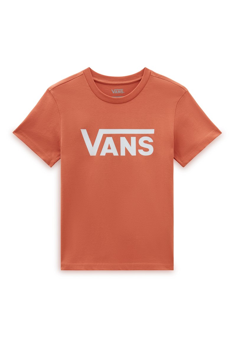 Orange kortærmet T-shirt lavet af bomuld, med et stort hvidt "VANS" logo over fronten og en klassisk rund halsudskæring.