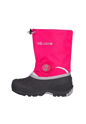 Child's winter boot with bright pink upper fabric, black insulated lower, adjustable strap, and rubber sole for outdoor use.
