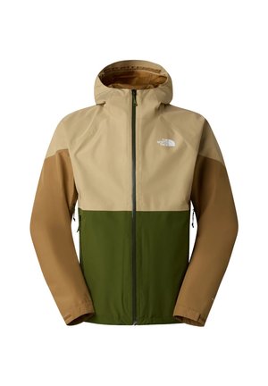 Giacca antipioggia da uomo a blocchi di colore con cappuccio, cerniera frontale completa e tasche laterali con zip in tonalità beige, marrone e verde.