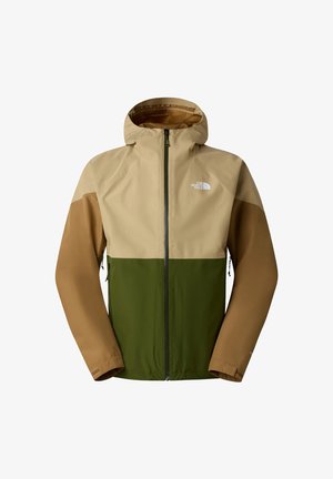 Vīriešu krāsu bloku lietus jaka ar kapuci, pilna priekšējā rāvējslēdzēja un rāvējslēdzēja sānu kabatām bēša, brūnā un zaļā toņos.