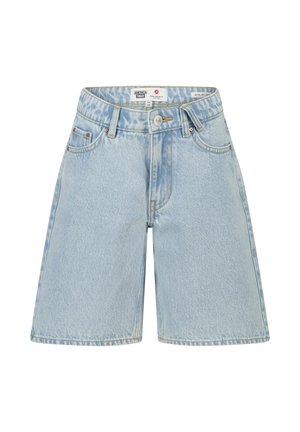 Lichtblauwe denim shorts met een hoge taille, knoop- en ritssluiting, ceintuurlussen en voor- en achterzakken.