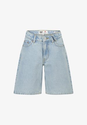 Hellblaue Jeansshorts mit hoher Taille, Knopf- und Reißverschluss, Gürtelschlaufen sowie Vorder- und Gesäßtaschen.
