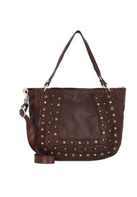 Bolso de mano de cuero marrón con patrón floral bordado y acentos metálicos. Cuenta con una sola correa para el hombro y un cierre con cremallera.