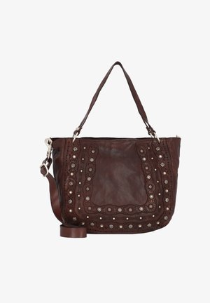 Braune Lederhandtasche mit besticktem Blumenmuster und Metallelementen. Verfügt über einen einzelnen Schulterriemen und einen Reißverschluss.