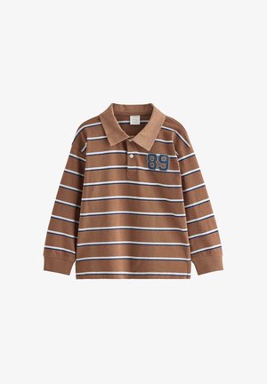 Brun langærmet poloshirt med hvide og blå horisontale striber og nummer 89 trykt på brystet.
