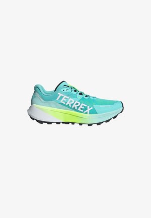 Turquoise running shoe with white "TERREX" branding, mesh upper, black outsole, and green accents on the heel and midsole.