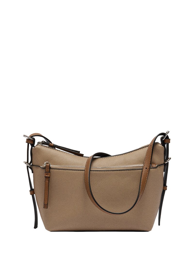 Beżowa torebka o fakturze z brązowymi skórzanymi akcentami, z zamkiem błyskawicznym na górze i regulowanymi paskami. Posiada dyskretną przednią kieszeń na zamek.