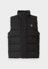Black puffer vest with a high collar, front zipper pockets, and a brand logo patch on the chest. Quilted texture throughout.