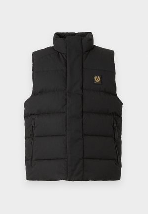Black puffer vest with a high collar, front zipper pockets, and a brand logo patch on the chest. Quilted texture throughout.