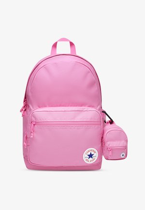 Rózsaszín hátizsák tartós anyagból, fő rekesszel, elülső cipzáras zsebbel és levehető mini tasakkal, amely logóval van ellátva.