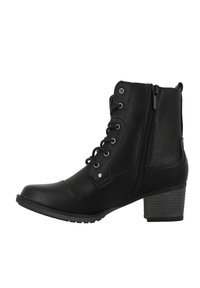 Bottines noires en cuir synthétique, avec un dessus lacé à l'avant, fermeture éclair sur le côté, bout arrondi et talon empilé. Design supérieur texturé.
