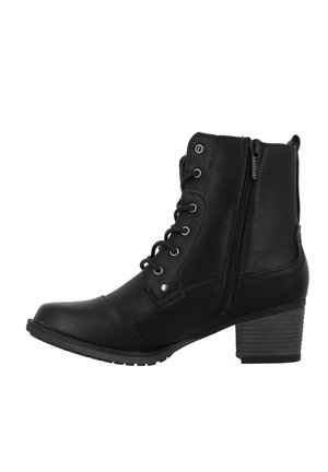 Bottines noires en cuir synthétique, avec un dessus lacé à l'avant, fermeture éclair sur le côté, bout arrondi et talon empilé. Design supérieur texturé.