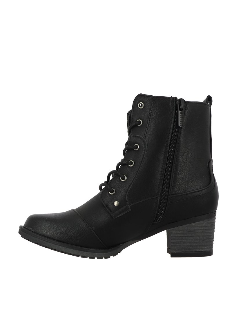 Bottines noires en cuir synthétique, avec un dessus lacé à l'avant, fermeture éclair sur le côté, bout arrondi et talon empilé. Design supérieur texturé.