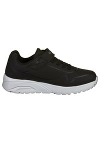 Sneaker nera con dettagli perforati, chiusura con lacci e suola bianca testurizzata, dotata di una fascia in Velcro nera sulla parte superiore.