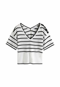 White short-sleeve top featuring black horizontal stripes, V-neck design, and button accents on the shoulder. Soft, knit fabric.