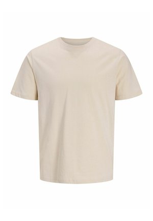 Beige kortærmet rundhals bomulds-T-shirt med lige kant, vist på en ensfarvet hvid baggrund.