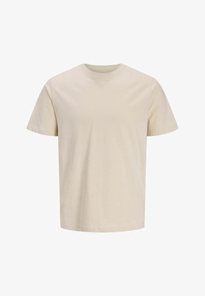 Beige kortærmet rundhals bomulds-T-shirt med lige kant, vist på en ensfarvet hvid baggrund.