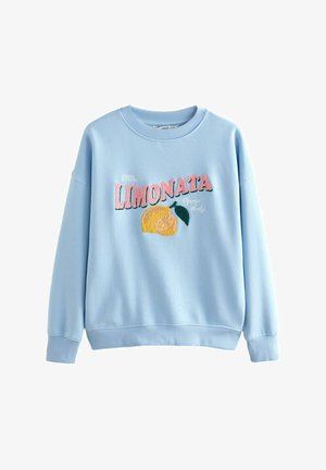 Világoskék pulóver kerek nyakkal. Hímzett "LIMONATA" felirat és citrom grafikával díszített. Puha anyag, bordázott mandzsettákkal.