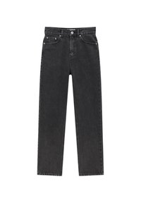 Mustat farkut, joissa on suorajalkaiset leikkaukset, napitus, viisi taskua ja hillitty haalistuminen kankaassa.