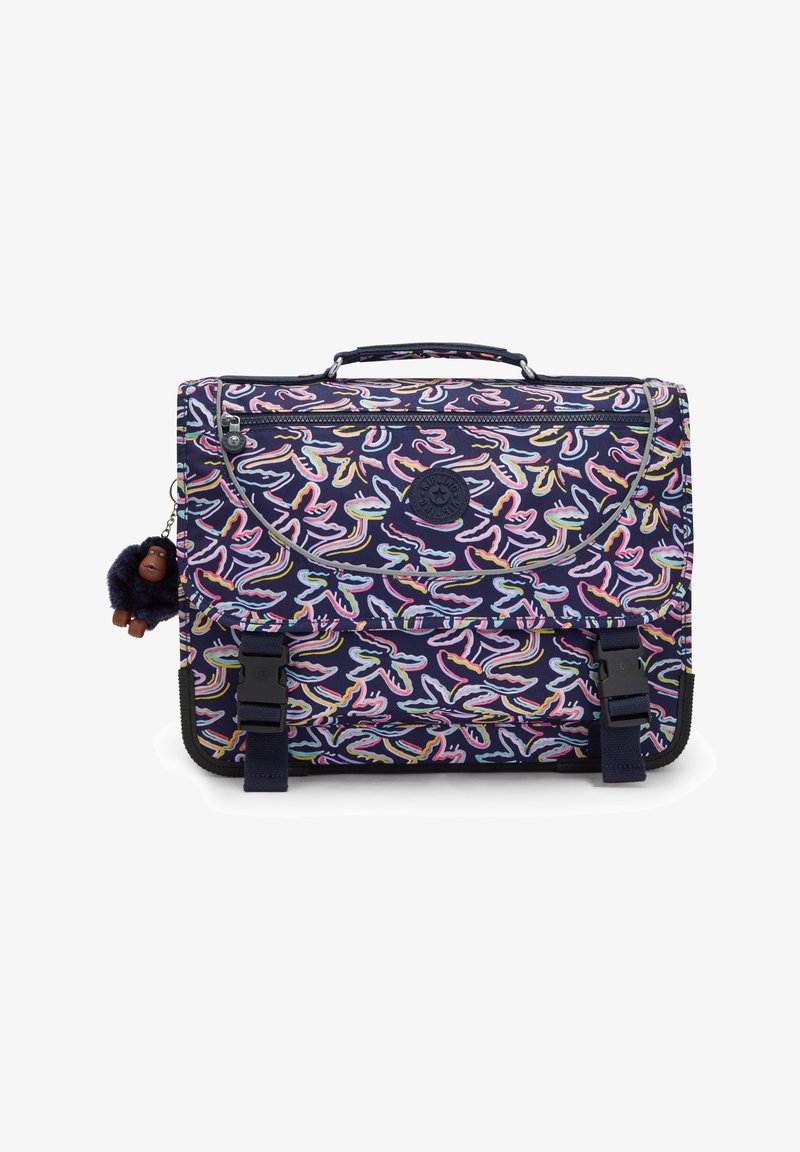 Navy blue fabric bag with colorful abstract patterns, featuring a top handle, magnetic flap closure, and a small monkey keychain.