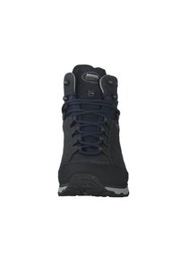 Dunkelblaue Wanderstiefel mit Schnürsenkeln, gepolstertem Kragen und robustem Profilsohle, Frontansicht mit Markenlabel auf der Zunge.