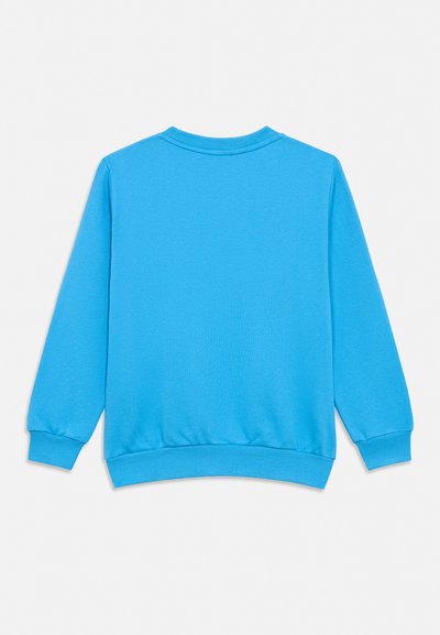Sweat-shirt bleu vif à manches longues avec col rond, poignets et taille côtelés, vu de dos sur fond blanc.