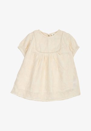 Babykleid in Cremefarbe mit kurzen Ärmeln, besticktem Blumenmuster, rundem Ausschnitt und geraffter Taillendetail.