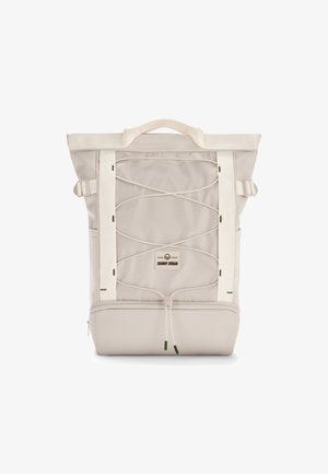 Rucsac multifunctional bej, dintr-o țesătură texturată, cu bretele ajustabile, cordon elastic frontal și un patch cu logo în centru.