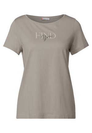 T-shirt gris à manches courtes en tissu doux, arborant le texte "FIND You" en lettres claires et sombres sur le devant.