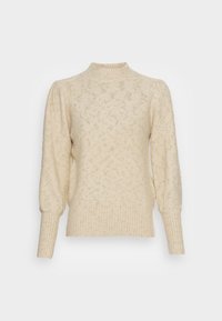 Cremefarbener Pullover mit hohem Kragen, gerippten Bündchen und Saum. Die gestrickte Textur weist dezente Sprenkel auf und hat eine lockere Passform.