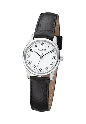 Silver analog wristwatch with white dial, black Arabic numbers, black hour and minute hands, second hand, and black leather strap.